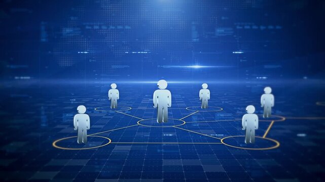 Figures appear one by one against a blue background with technological elements, used to introduce the group, creating a sense of technology and dynamism. 3D rendering.