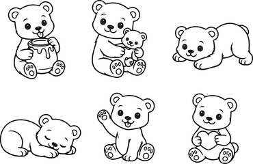 Naklejka premium Cute cartoon teddy bears collection in various poses for a delightful coloring fun