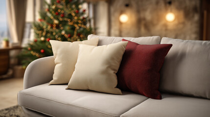 Cozy Living Room with Decorative Cushions and Festive Christmas Tree in a Warm and Inviting Atmosphere for Holiday Celebrations