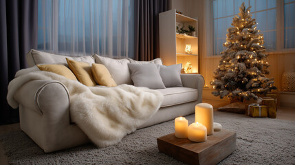 Cozy Living Room with Christmas Tree and Soft Textiles, Warm Lighting, Festive Decorations, and Comfortable Sofa Ideal for Holiday Atmosphere