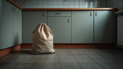 Barren Kitchen Environment Featuring Untidy Beige Trash Bag on Floor Surrounded by Minimalistic Cabinetry and Subdued Lighting Elements