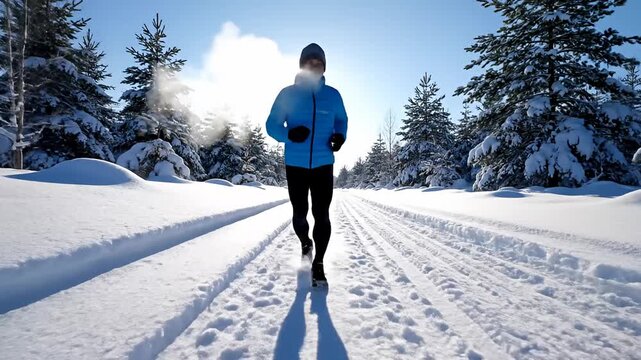 Winter Run - Man Jogging Through Snowy Landscape.