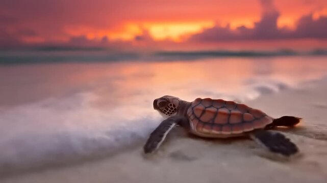 Baby sea turtle crawling on sandy beach at sunset blurred background