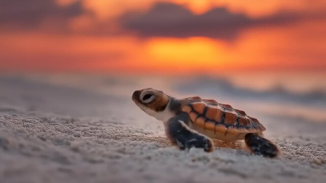 Baby turtle crawling on sandy beach at sunset scenic nature background