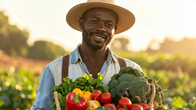 Happy Farmer Holding Basket Full of Fresh Vegetables in Field.