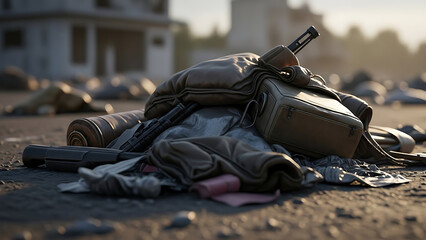 Pile of personal belongings left behind on desolate ground with blurred background
