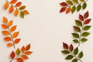 Autumn leaves arranged in a circular frame on a light beige background. A simple, natural border with vibrant fall colors. Ideal for seasonal themes.