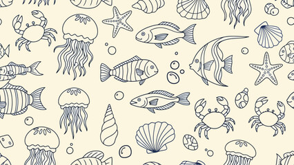 Seamless Pattern of Sea Creatures and Ocean Elements in Sketchy Outline Style © evie