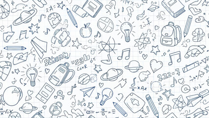 Hand-drawn School Supplies and Education Icons Seamless Pattern on Grid Paper Background