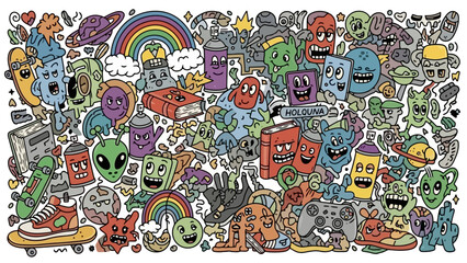 Fototapeta premium Vibrant Graffiti Doodle Art with Monsters, Skateboards, and Rainbows - Vector Illustration