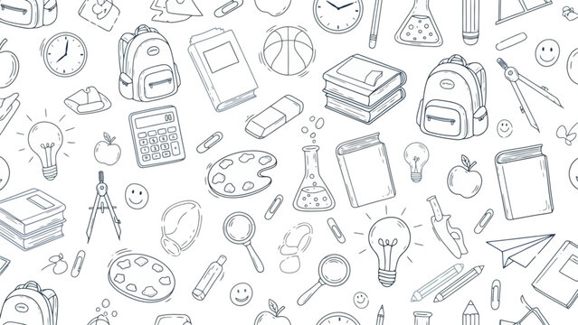 Seamless Doodle Pattern of School Supplies and Education Icons on White Background