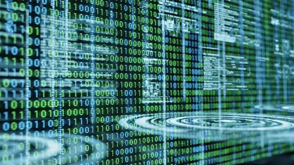 A dynamic visual representation of digital data flowing across a screen showcasing intricate binary code in vibrant green and blue hues symbolizing advanced technology cybersecurity and the complex w. - Powered by Adobe