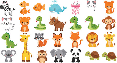 Large vector collection of cute cartoon animals, including Zebra, Whale, Elephant, Panda, Tiger, Snake, Giraffe, Koala, Fox, Yak, Monkey, and Turtle, perfect for children's learning and baby designs. © Priyanka