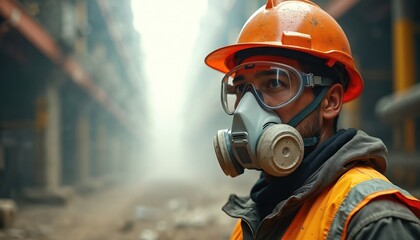Male worker wears protective mask hard hat and goggles in dirty industrial setting. Man works in hazmat suit for safety against air pollution. Close up industrial labor protects health.