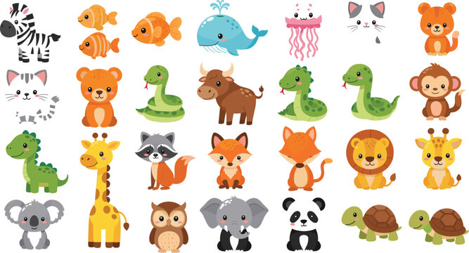 Large vector collection of cute cartoon animals, including Zebra, Whale, Elephant, Panda, Tiger, Snake, Giraffe, Koala, Fox, Yak, Monkey, and Turtle, perfect for children's learning and baby designs.
