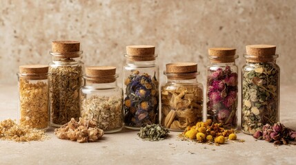 Small glass jars filled with various dried herbs and flowers create a vibrant display on a rustic surface.