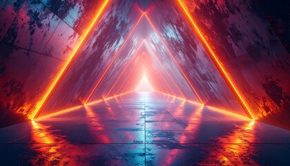 Futuristic tunnel with neon orange light leading to a glowing center