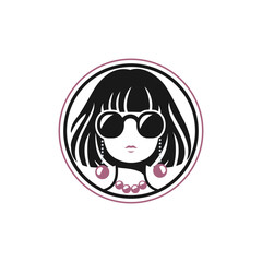 Chic Retro Fashion Woman Logo Vector: Sunglasses and Pearl Jewelry in a Circle Frame