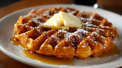 Waffle with butter, maple syrup, and powdered sugar