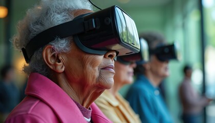 Elderly women engage with virtual reality headsets. Seniors explore digital worlds, experiencing new tech and entertainment. Older adults connect with future innovation and immersive experiences.