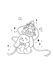 Christmas illustration. Cute rabbit wears a Christmas tree hat, black and white, digital art.