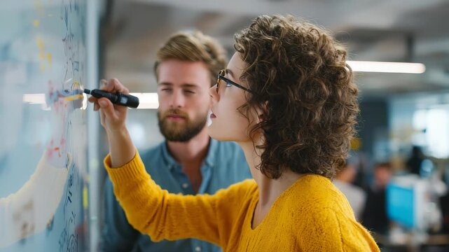 Confident female professional in yellow sweater draws on a glass board while discussing strategies with a male coworker. Innovative business environment fosters teamwork and creative problem solving