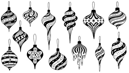 Collection of hanging Christmas ornaments with decorative patterns, perfect for festive backgrounds, wrapping paper, and seasonal designs.