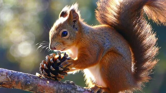 Close up of squirrel with a pine cone against blurred natural background