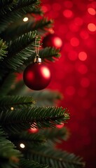 Obraz premium Red Christmas Ornament on Pine Tree with Festive Bokeh Background