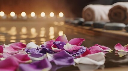 Relaxing Spa Scene with Rose Petals and Candles.