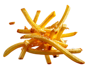 Multiple French Fries Mid-Air Swirl with Fine Salt Sprinkles, Zero Gravity Style, isolated on transparent background