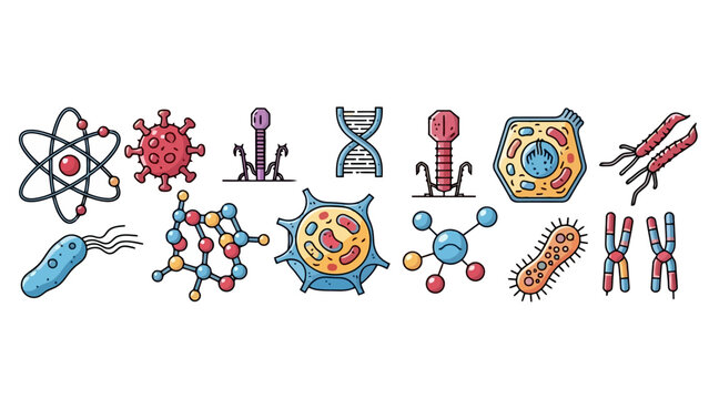 A collection of colorful cartoon icons representing various scientific concepts and biological entities.