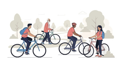 Obraz premium People riding bicycles in a park, enjoying outdoor recreation and healthy lifestyle.