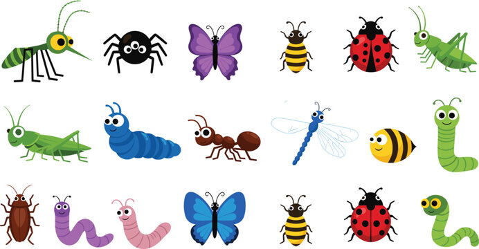 Large and colorful vector collection of cute cartoon insects, bugs, and creepy crawlies, including a mosquito, spider, butterfly, bee, ladybug, grasshopper, dragonfly, ant, and caterpillars.