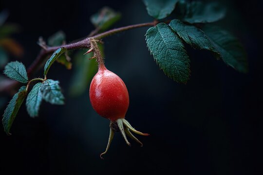 Close-up of a red rose hip fruit on a wild thorny branch - Powered by Adobe