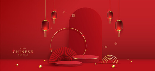 Podium stage chinese style for chinese new year and festivals or mid autumn festival with red background. mock up stage with festive lanterns and clouds. vector design.