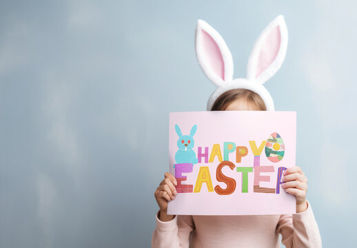 Child Holding Colorful Easter Sign Mockup PSD