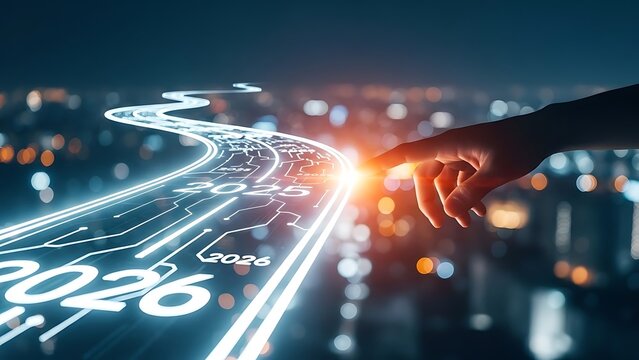 A hand reaching towards a futuristic digital pathway with glowing numbers - Powered by Adobe