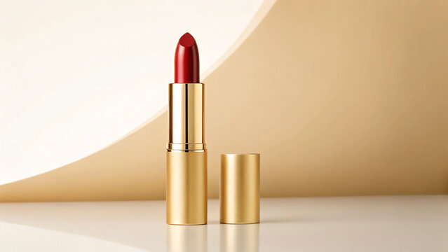 Mockup of red lipstick in gold tube placed on clean surface with beige backdrop