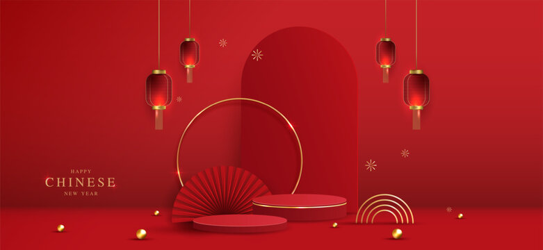 Podium stage chinese style for chinese new year and festivals or mid autumn festival with red background. mock up stage with festive lanterns and clouds. vector design.