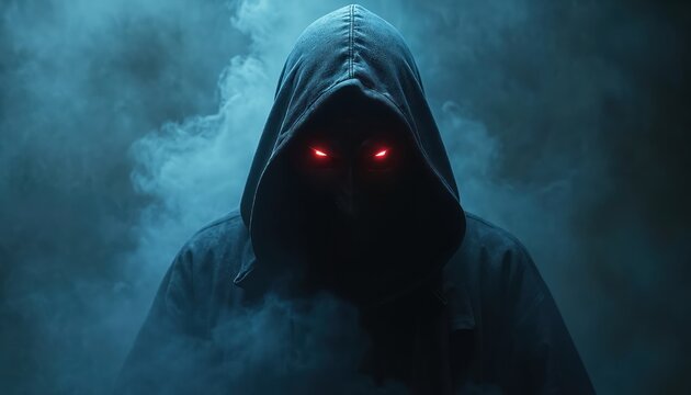 Mysterious figure with glowing red eyes hidden under hood. Sinister character shrouded in smoke evokes fear and danger. Dark atmospheric portrait. Ominous presence.