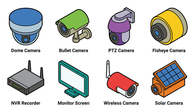 Security Camera System Icons Set with Dome, Bullet, PTZ, Fisheye, Recorder, Monitor, Wireless and Solar Camera