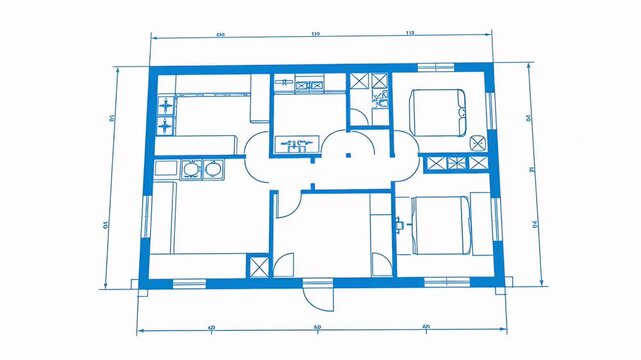 Animated architectural blueprint drawing of a residential building floor plan design