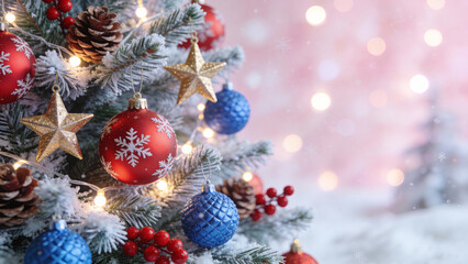 Obraz premium Close-up of a decorated Christmas tree with red and blue ornaments, golden stars, pinecones, and fairy lights against a soft pink bokeh background.
