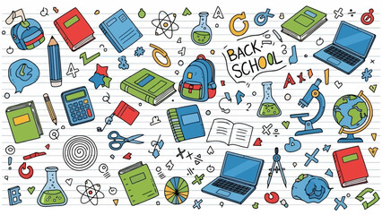Back to School Theme: Colorful Doodle Illustrations of School Supplies on Lined Paper