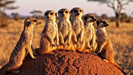 Meerkat family observing surroundings african savanna wildlife photography natural habitat group dynamics