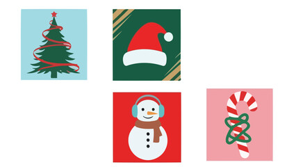 Christmas Icons: Tree, Santa Hat, Snowman, and Candy Cane on Colorful Backgrounds