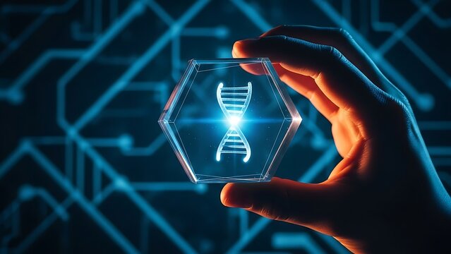 Human hand holding a glowing hexagonal prism containing a dna double helix - Powered by Adobe