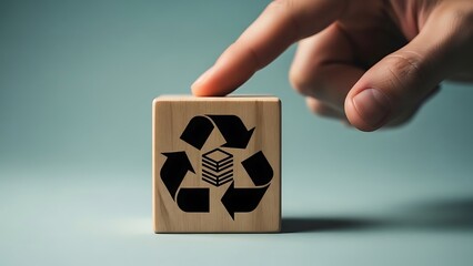Protecting our planet a hand gently touches a wooden recycling symbol block