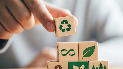 Sustainable living concepts stacked wooden blocks representing environmental responsibility
